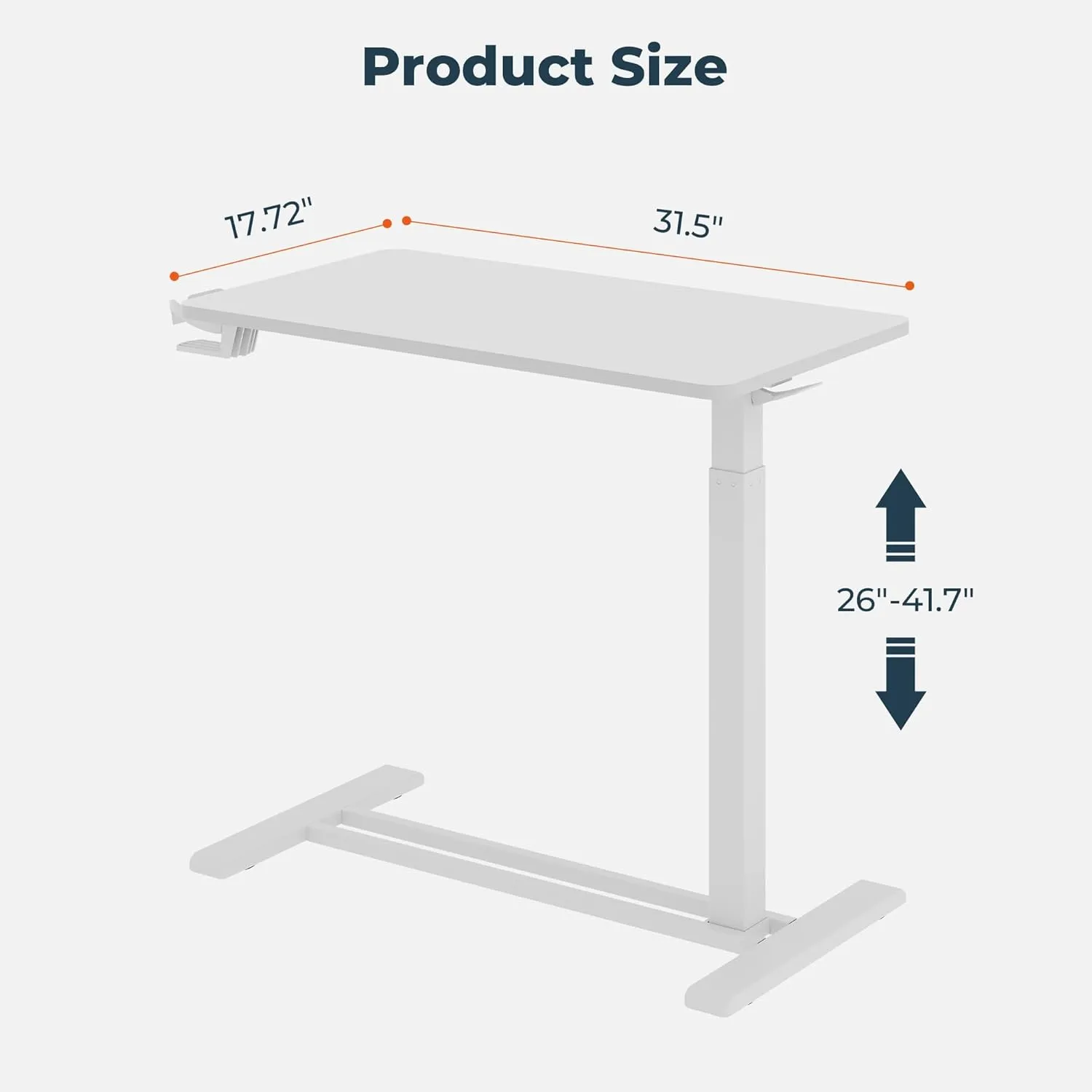 Medical Overbed Adjustable Bedside Table with Hidden Casters, Pneumatic Mobile Rolling Laptop Standing Desk with Tray for Home and Hospital Use, White Table Top   White Edging