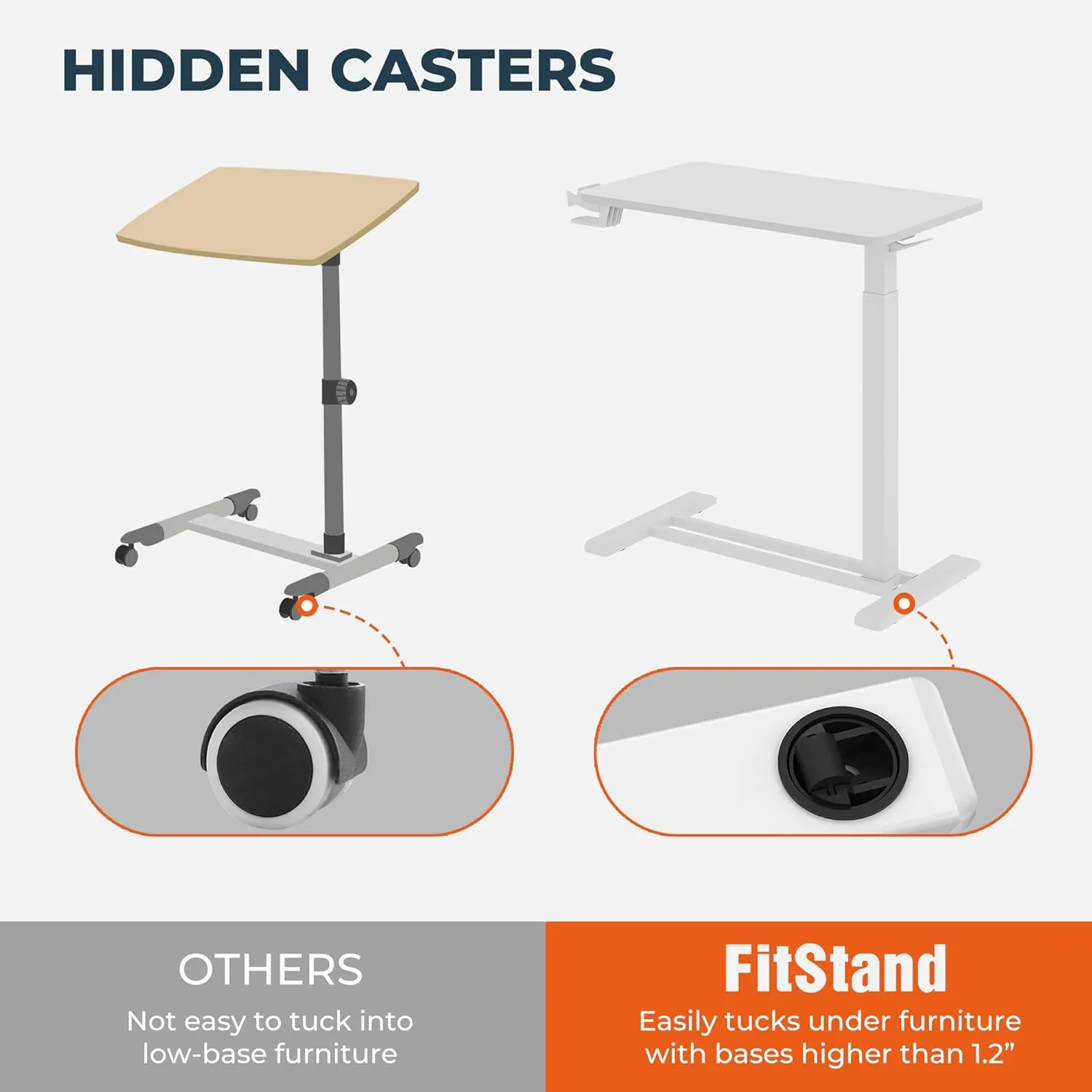 Medical Overbed Adjustable Bedside Table with Hidden Casters, Pneumatic Mobile Rolling Laptop Standing Desk with Tray for Home and Hospital Use, White Table Top   White Edging