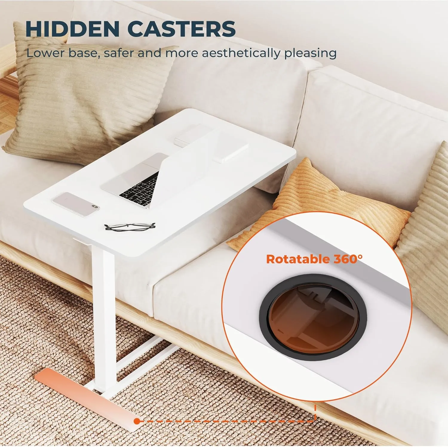 Medical Overbed Adjustable Bedside Table with Hidden Casters, Pneumatic Mobile Rolling Laptop Standing Desk with Tray for Home and Hospital Use, White Table Top   White Edging