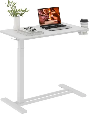 Medical Overbed Adjustable Bedside Table with Hidden Casters, Pneumatic Mobile Rolling Laptop Standing Desk with Tray for Home and Hospital Use, White Table Top   White Edging