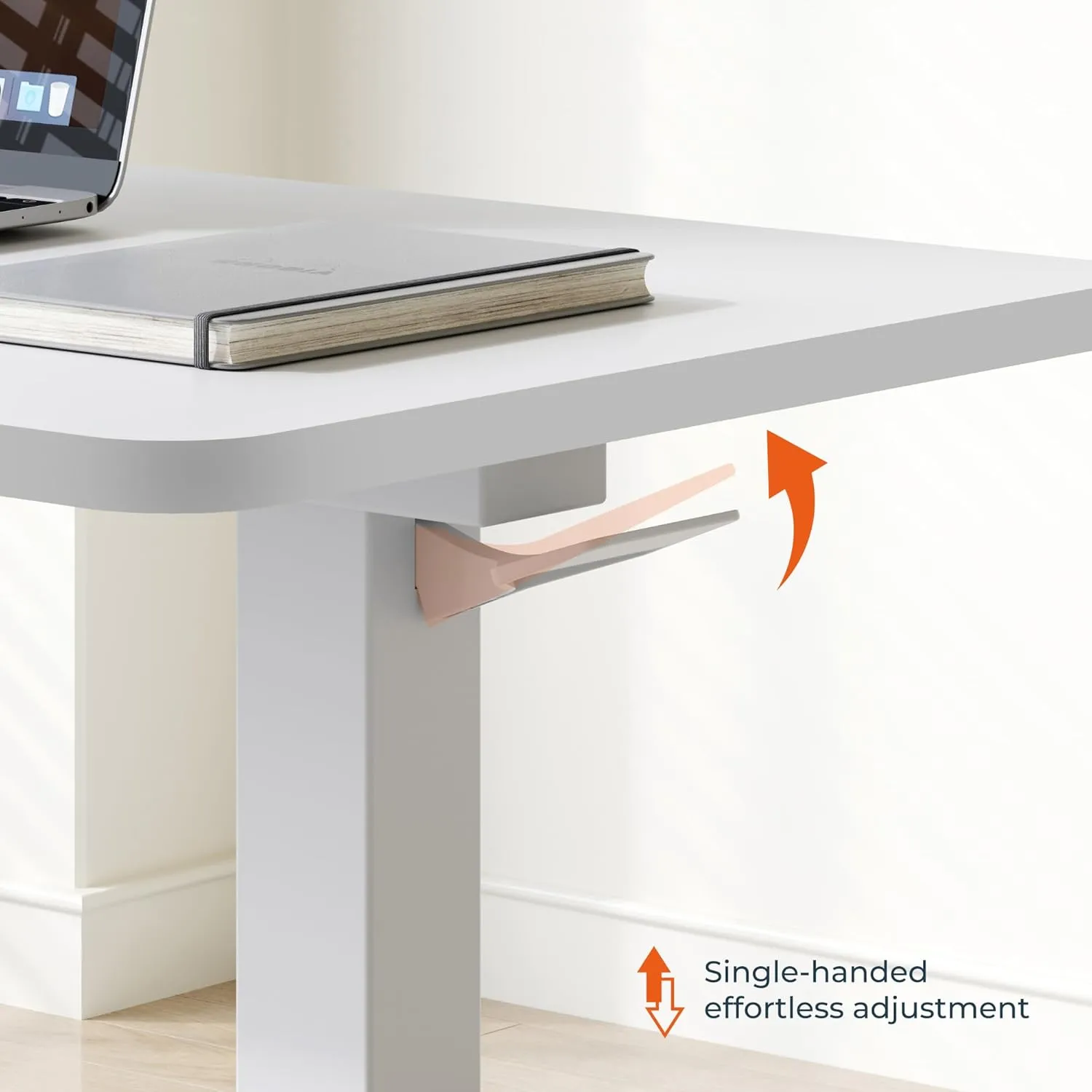 Medical Overbed Adjustable Bedside Table with Hidden Casters, Pneumatic Mobile Rolling Laptop Standing Desk with Tray for Home and Hospital Use, White Table Top   White Edging