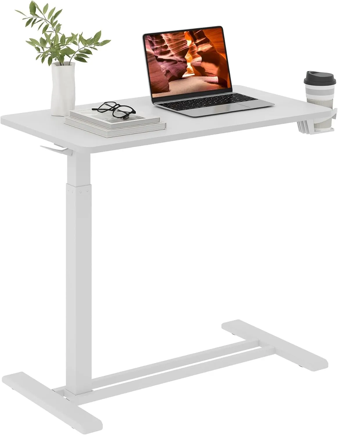 Medical Overbed Adjustable Bedside Table with Hidden Casters, Pneumatic Mobile Rolling Laptop Standing Desk with Tray for Home and Hospital Use, White Table Top   White Edging