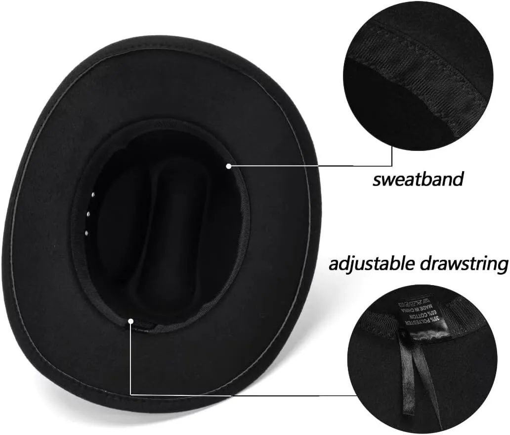 Men Women Retro-Black Western-Cowboy-Hat Bling-Rhinestone-Decor with Eyelets Felt-Cowgirl-Hats Glitter-Rodeo Fedora Hat
