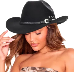 Men Women Retro-Black Western-Cowboy-Hat Bling-Rhinestone-Decor with Eyelets Felt-Cowgirl-Hats Glitter-Rodeo Fedora Hat
