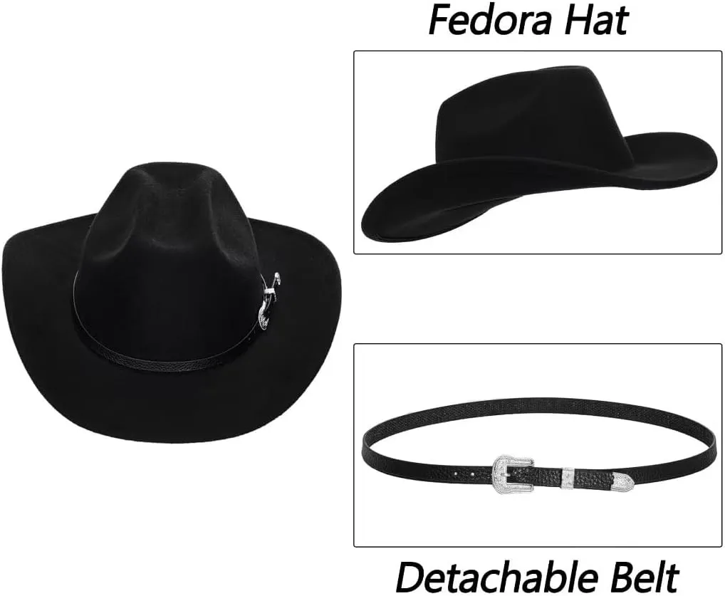 Men Women Retro-Black Western-Cowboy-Hat Bling-Rhinestone-Decor with Eyelets Felt-Cowgirl-Hats Glitter-Rodeo Fedora Hat