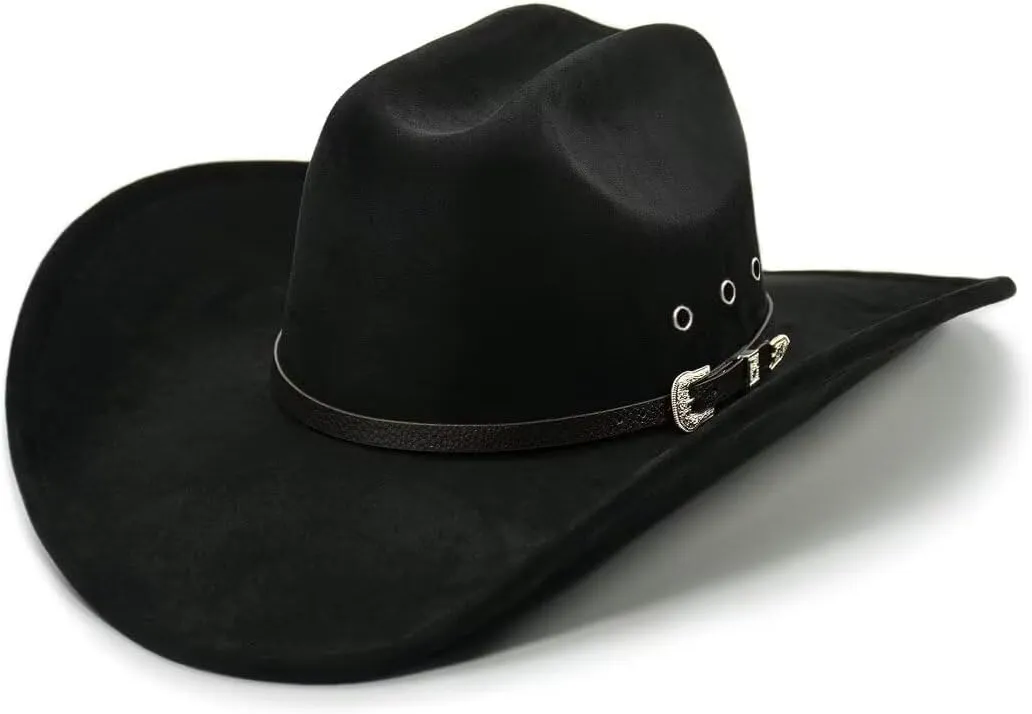 Men Women Retro-Black Western-Cowboy-Hat Bling-Rhinestone-Decor with Eyelets Felt-Cowgirl-Hats Glitter-Rodeo Fedora Hat