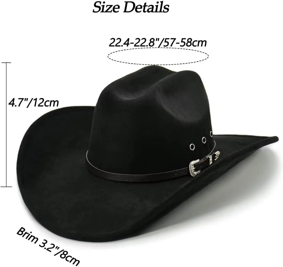 Men Women Retro-Black Western-Cowboy-Hat Bling-Rhinestone-Decor with Eyelets Felt-Cowgirl-Hats Glitter-Rodeo Fedora Hat