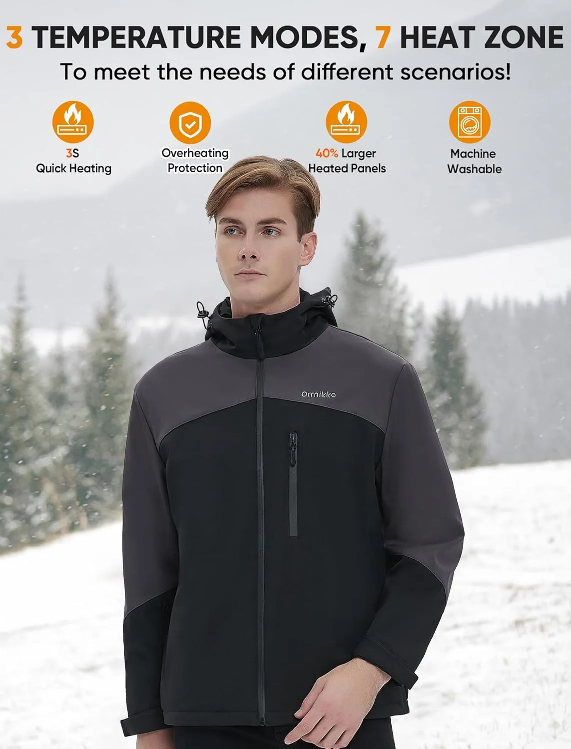 Mens Heated Jacket with Battery Pack - 20000mAh Rechargeable Winter Outdoor Work Self Electric Jacket with Hood