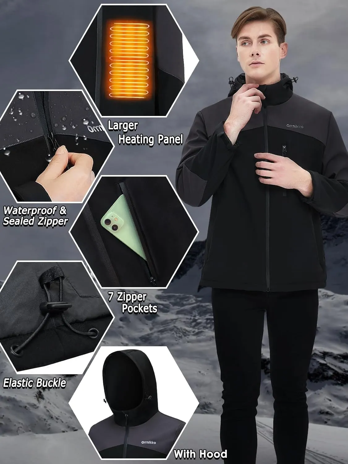 Mens Heated Jacket with Battery Pack - 20000mAh Rechargeable Winter Outdoor Work Self Electric Jacket with Hood