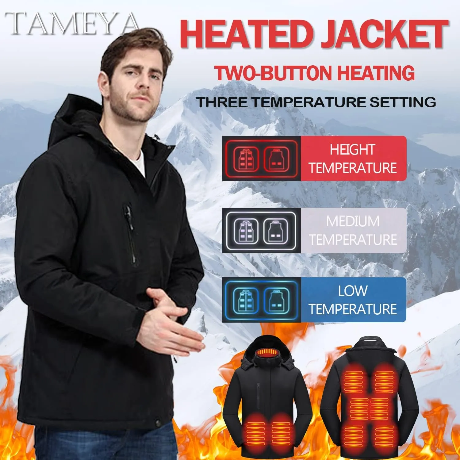 Mens Heated Jackets Detachable Hood, Washable Lightweight Zip Winter Jackets Coat, 3 Heating Levels & 9 Heating Zones
