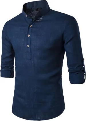 Men's Henley Linen Long Sleeve Shirts Casual Button-Down Shirts Roll-Up Slim Fit Tee Top