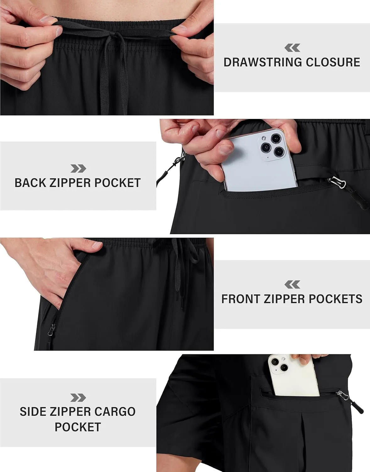 Mens Hiking Cargo Shorts 9 Inch with Zipper Pockets Quick Dry Stretch Lightweight Drawstring for Outdoor Fishing