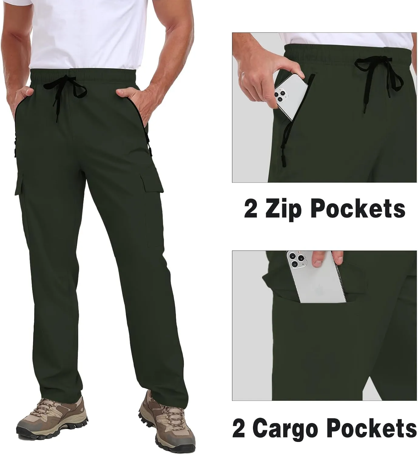 Men's Hiking Pants UPF 50  Cargo Quick Dry Water Resistant Elastic Waist Zip Pockets Travel Work Lightweight Running