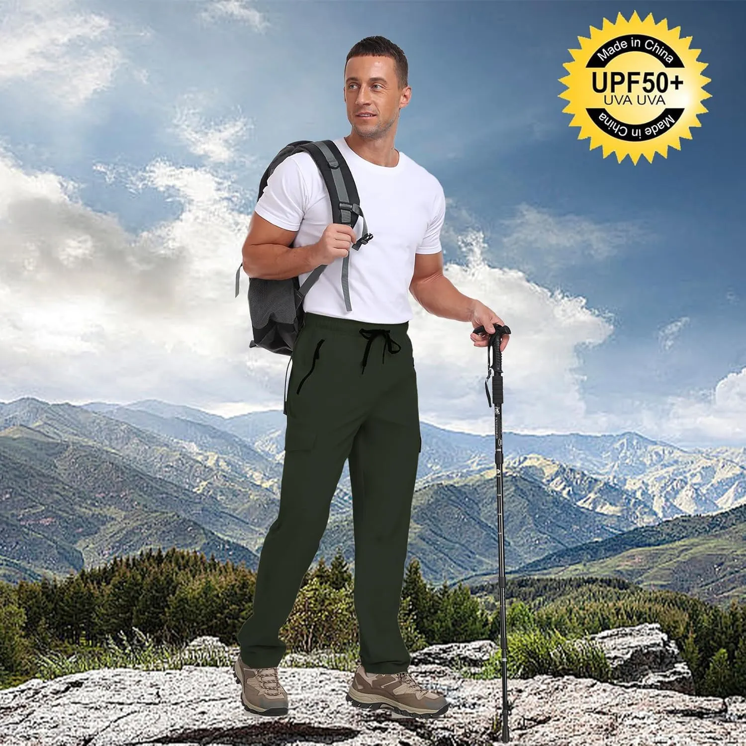 Men's Hiking Pants UPF 50  Cargo Quick Dry Water Resistant Elastic Waist Zip Pockets Travel Work Lightweight Running