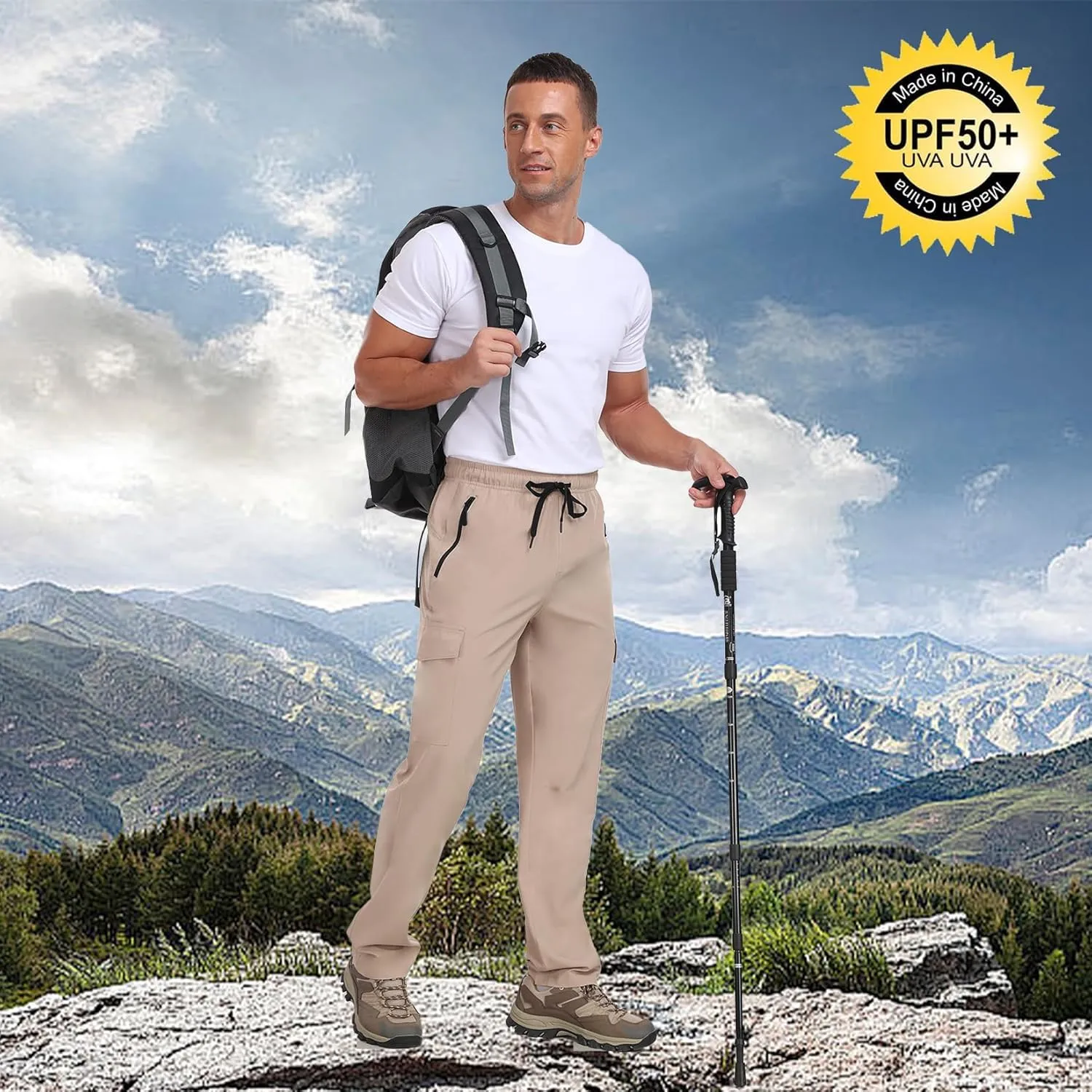 Men's Hiking Pants UPF 50  Cargo Quick Dry Water Resistant Elastic Waist Zip Pockets Travel Work Lightweight Running