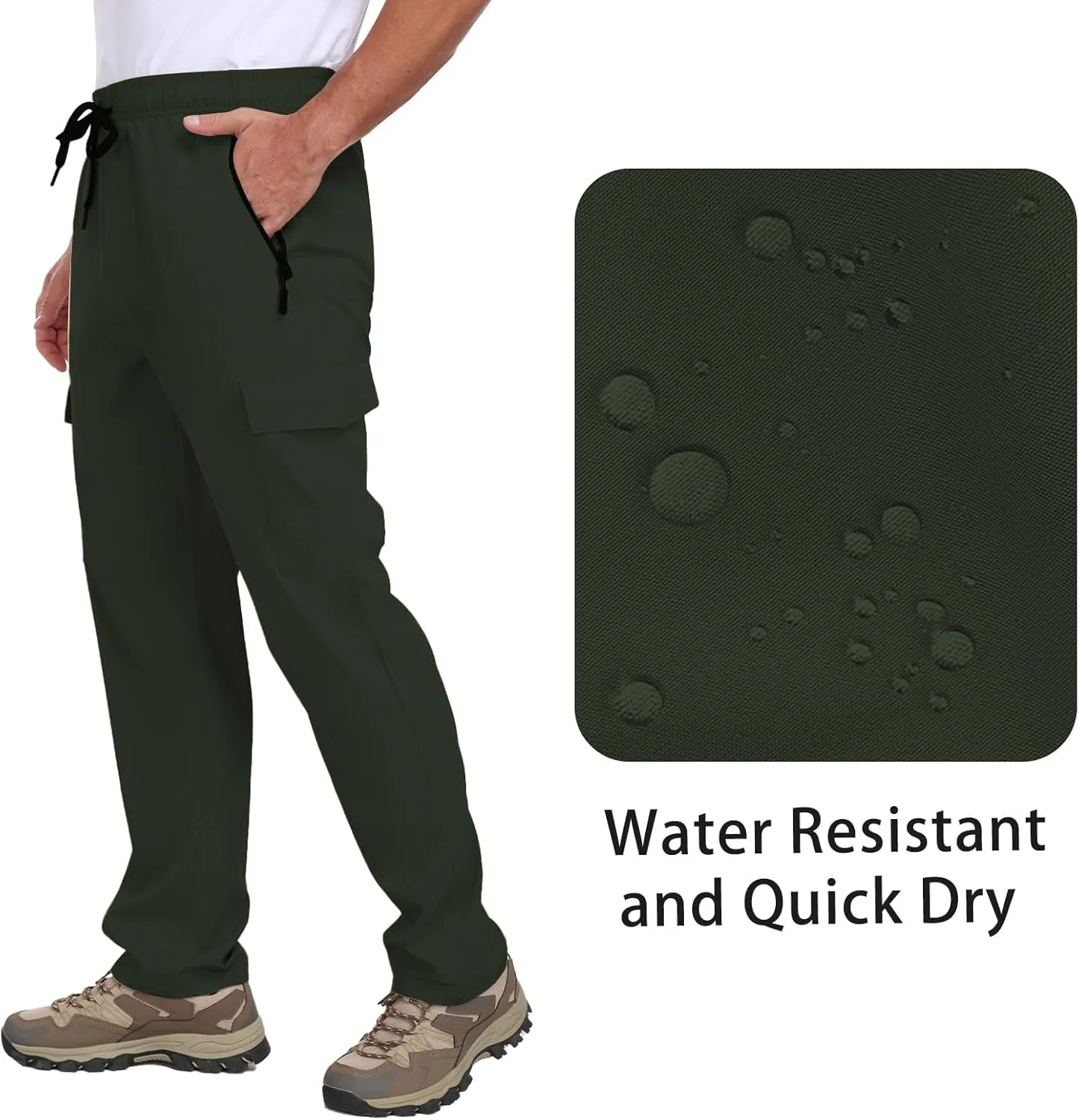 Men's Hiking Pants UPF 50  Cargo Quick Dry Water Resistant Elastic Waist Zip Pockets Travel Work Lightweight Running