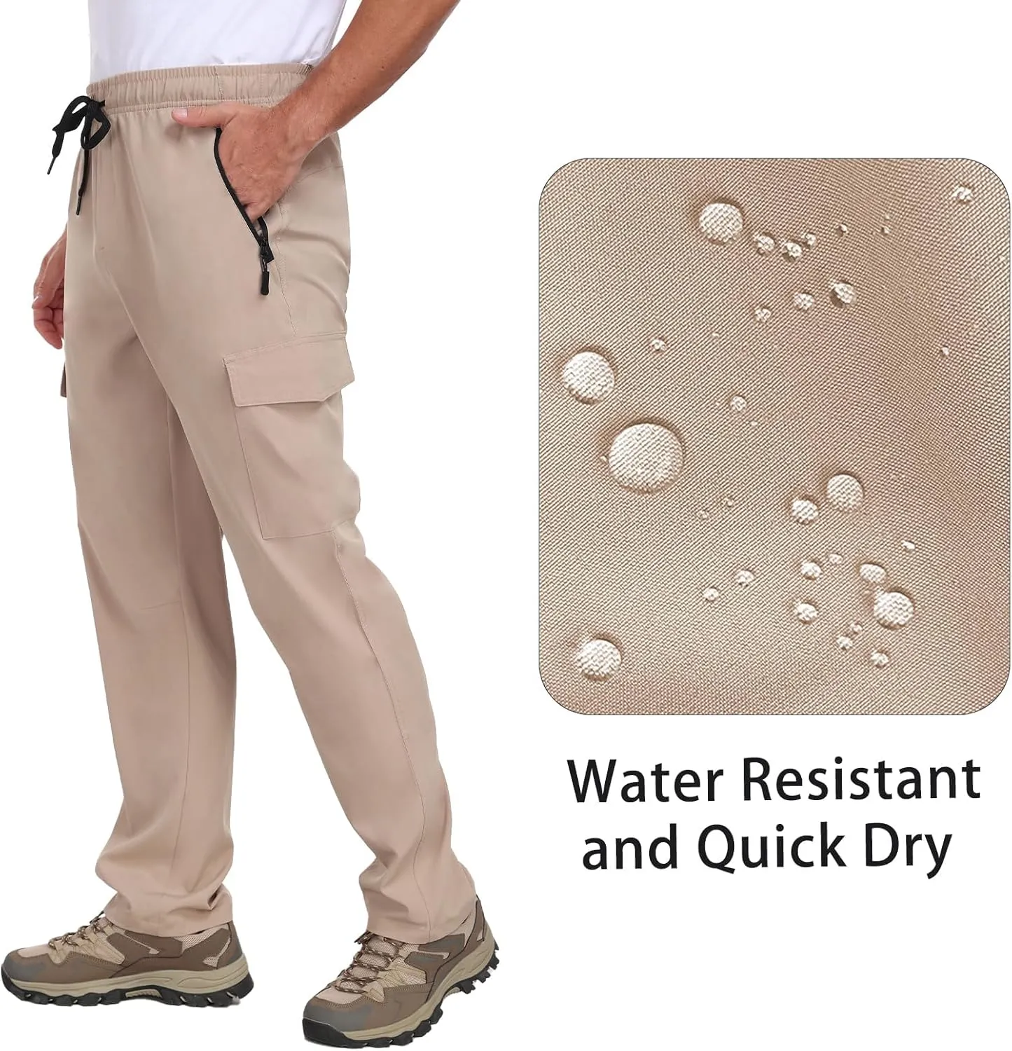 Men's Hiking Pants UPF 50  Cargo Quick Dry Water Resistant Elastic Waist Zip Pockets Travel Work Lightweight Running