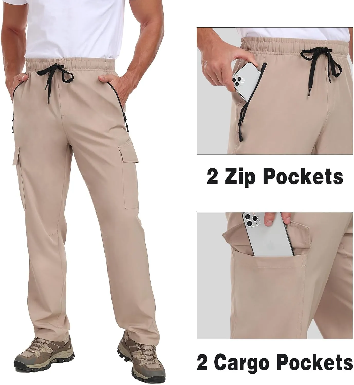 Men's Hiking Pants UPF 50  Cargo Quick Dry Water Resistant Elastic Waist Zip Pockets Travel Work Lightweight Running