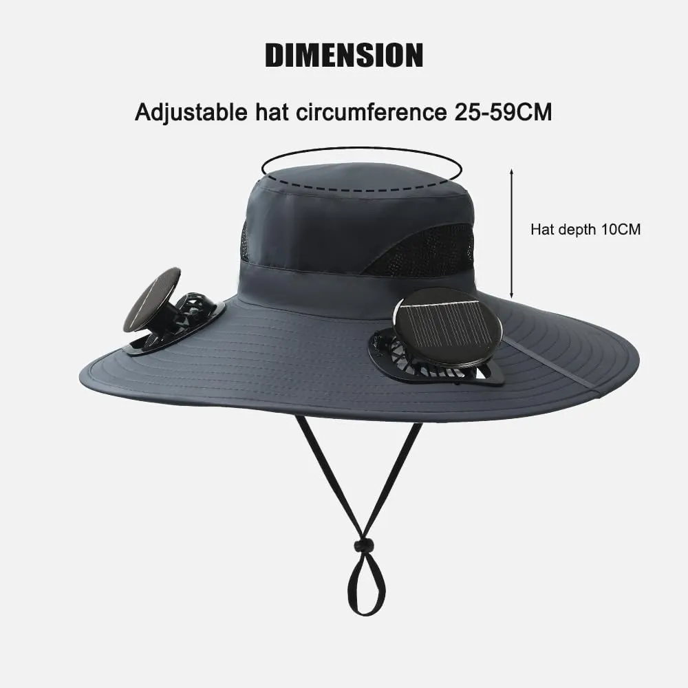 Men's Solar Cooling Hat - Wide-Brimmed Visor with 2 Fans, Waterproof Fishing hat with Built-in Solar Panel.