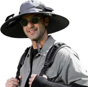 Men's Solar Cooling Hat - Wide-Brimmed Visor with 2 Fans, Waterproof Fishing hat with Built-in Solar Panel.