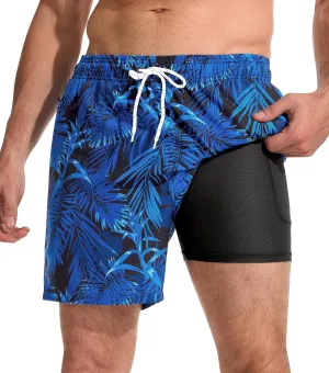 Mens Swim Trunks with Compression Liner Quick Dry Bathing Suit with Zipper Pockets Lightweight Beach Shorts