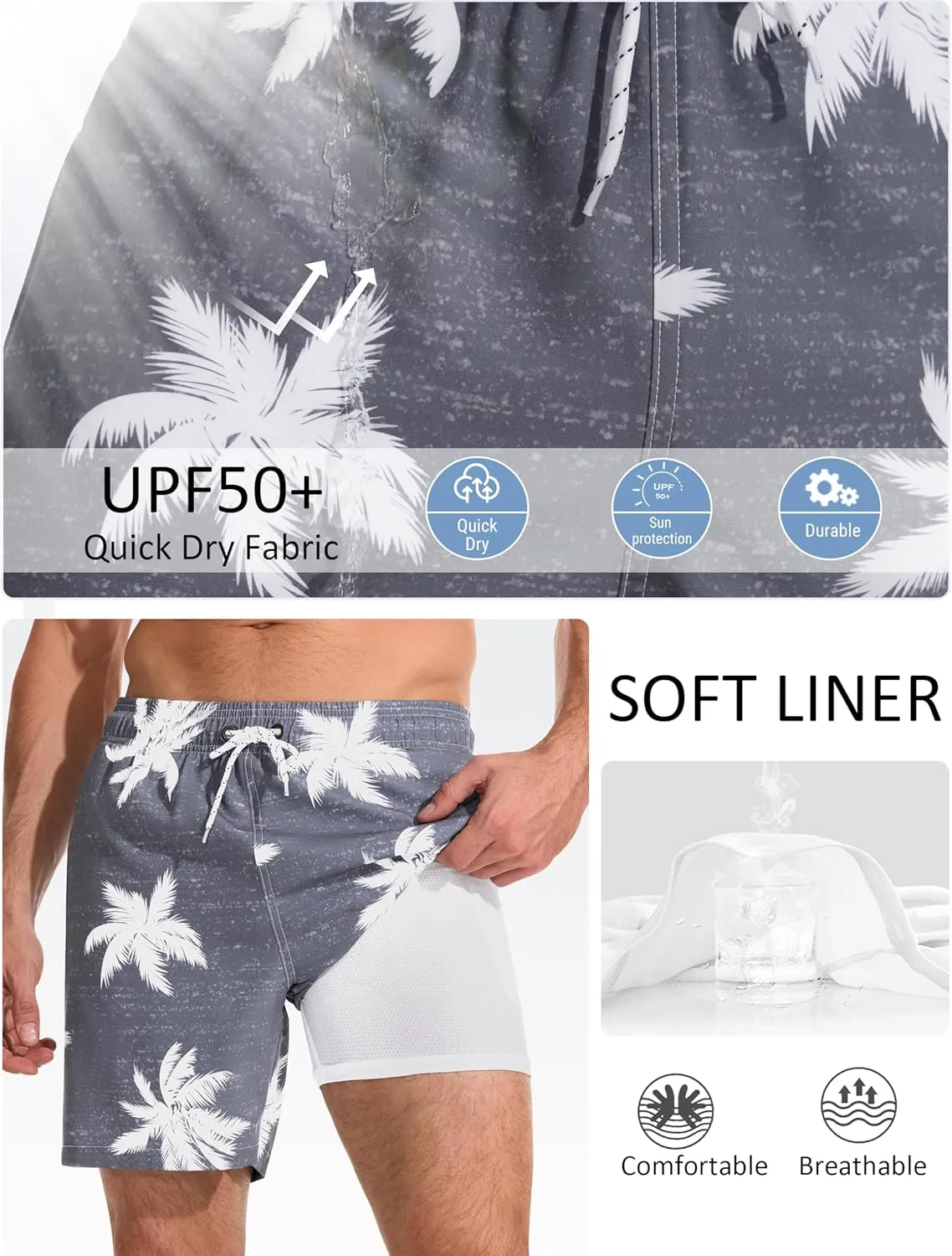 Mens Swim Trunks with Compression Liner Quick Dry Bathing Suit with Zipper Pockets Lightweight Beach Shorts