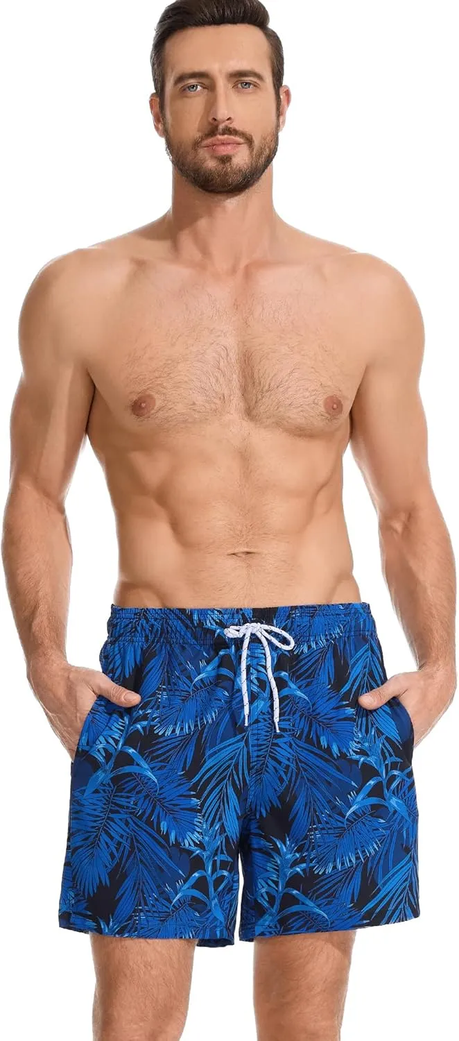 Mens Swim Trunks with Compression Liner Quick Dry Bathing Suit with Zipper Pockets Lightweight Beach Shorts