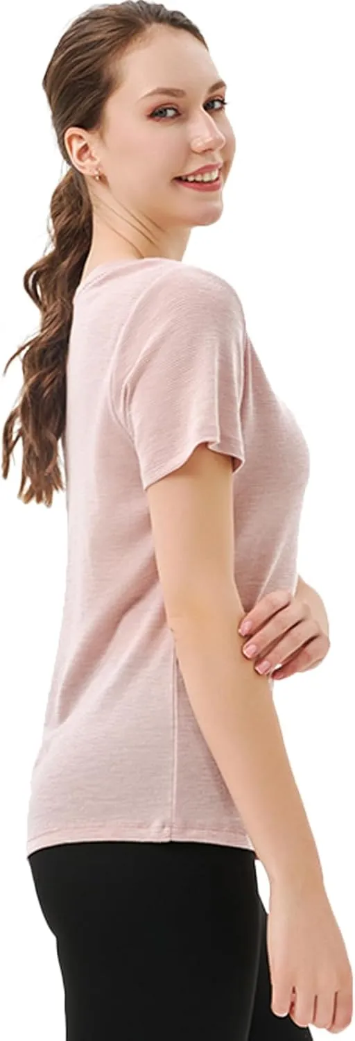 Merino Protect 100% Merino Wool V Neck T-Shirt for Women Short Sleeve Base Layers Odor Resistance Tops for Outdoor Hiking