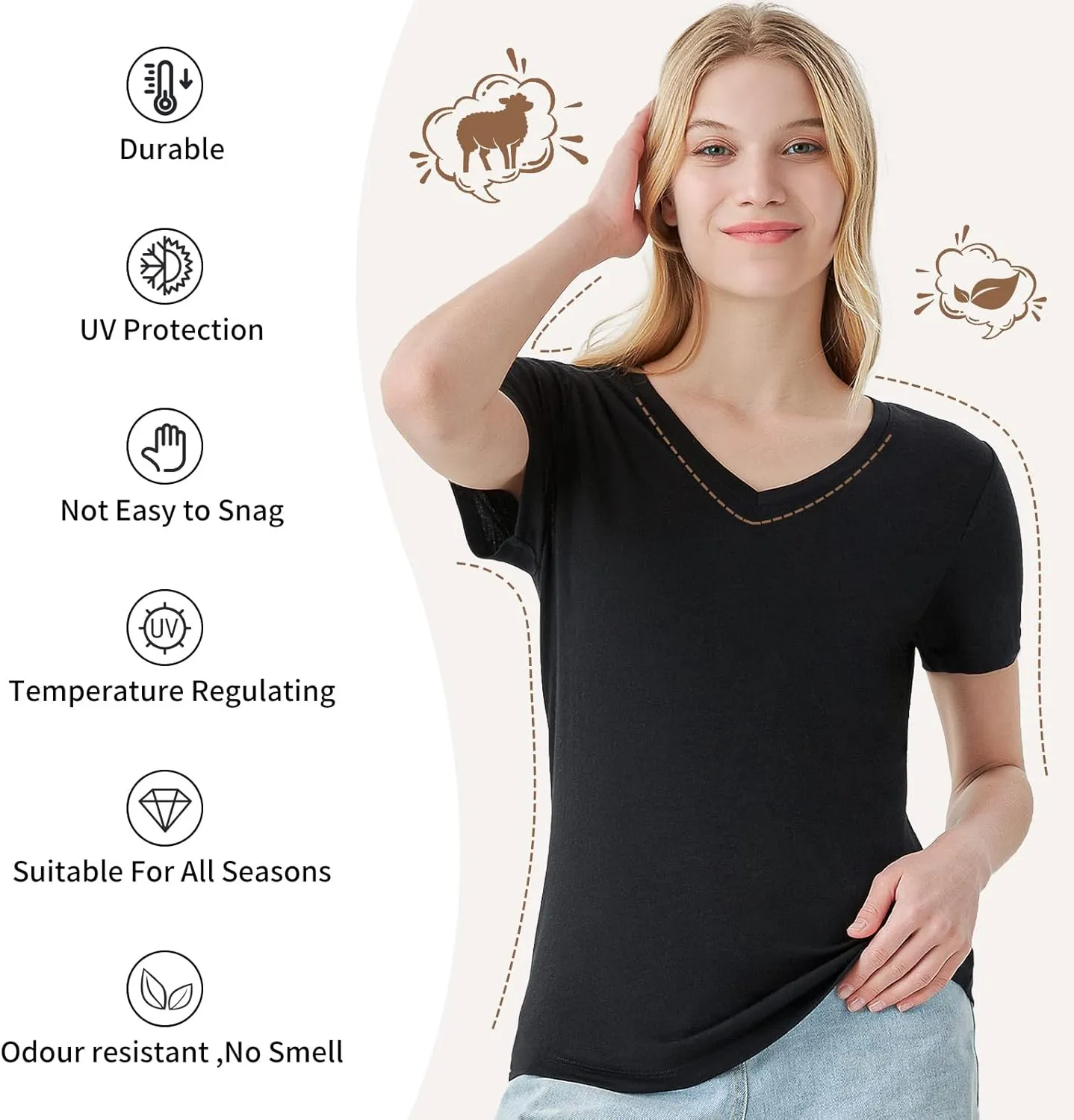 Merino Protect 100% Merino Wool V Neck T-Shirt for Women Short Sleeve Base Layers Odor Resistance Tops for Outdoor Hiking