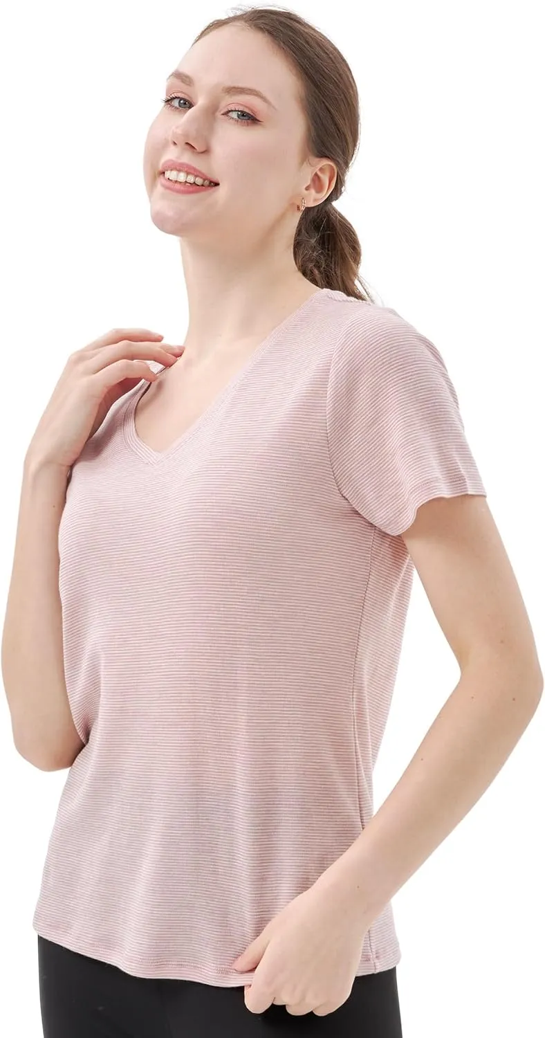 Merino Protect 100% Merino Wool V Neck T-Shirt for Women Short Sleeve Base Layers Odor Resistance Tops for Outdoor Hiking