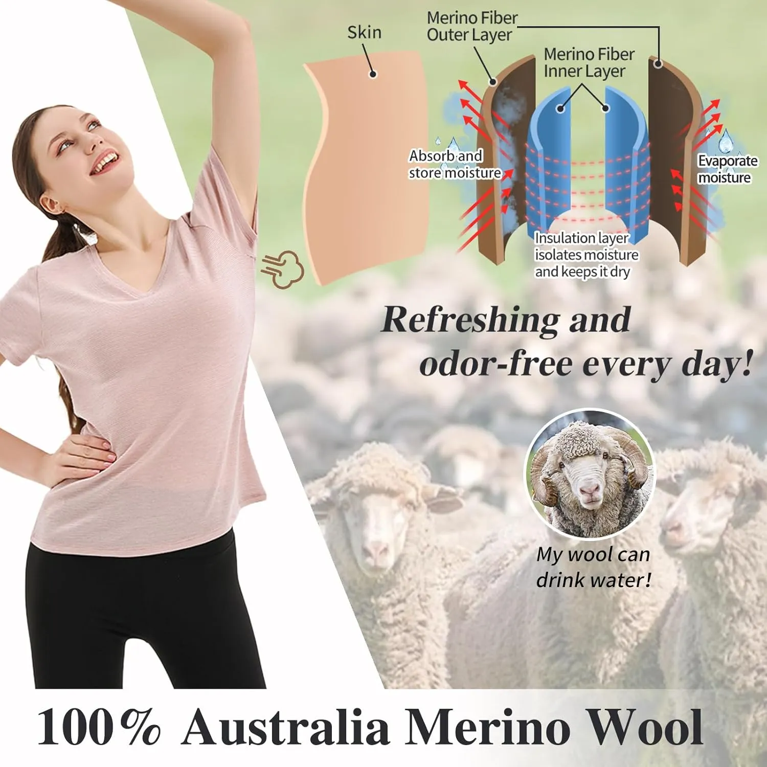 Merino Protect 100% Merino Wool V Neck T-Shirt for Women Short Sleeve Base Layers Odor Resistance Tops for Outdoor Hiking