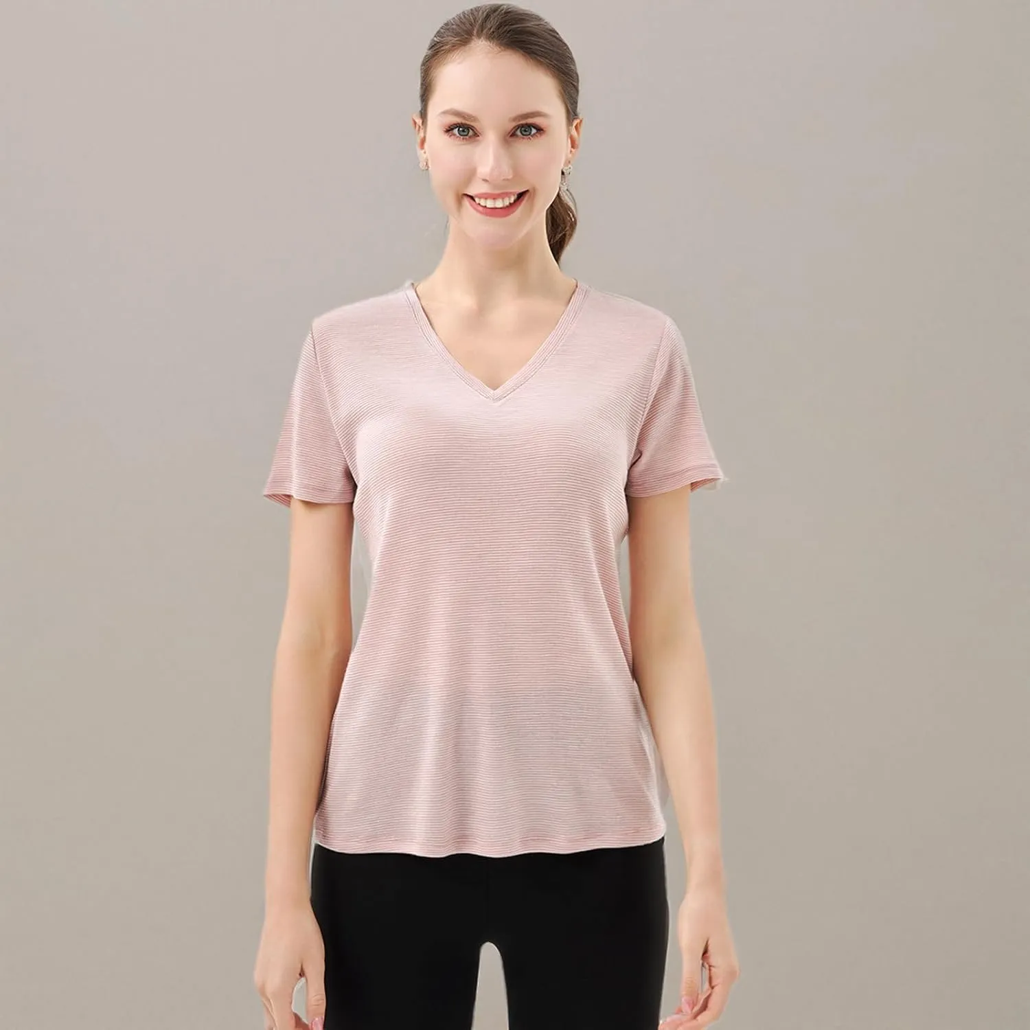 Merino Protect 100% Merino Wool V Neck T-Shirt for Women Short Sleeve Base Layers Odor Resistance Tops for Outdoor Hiking
