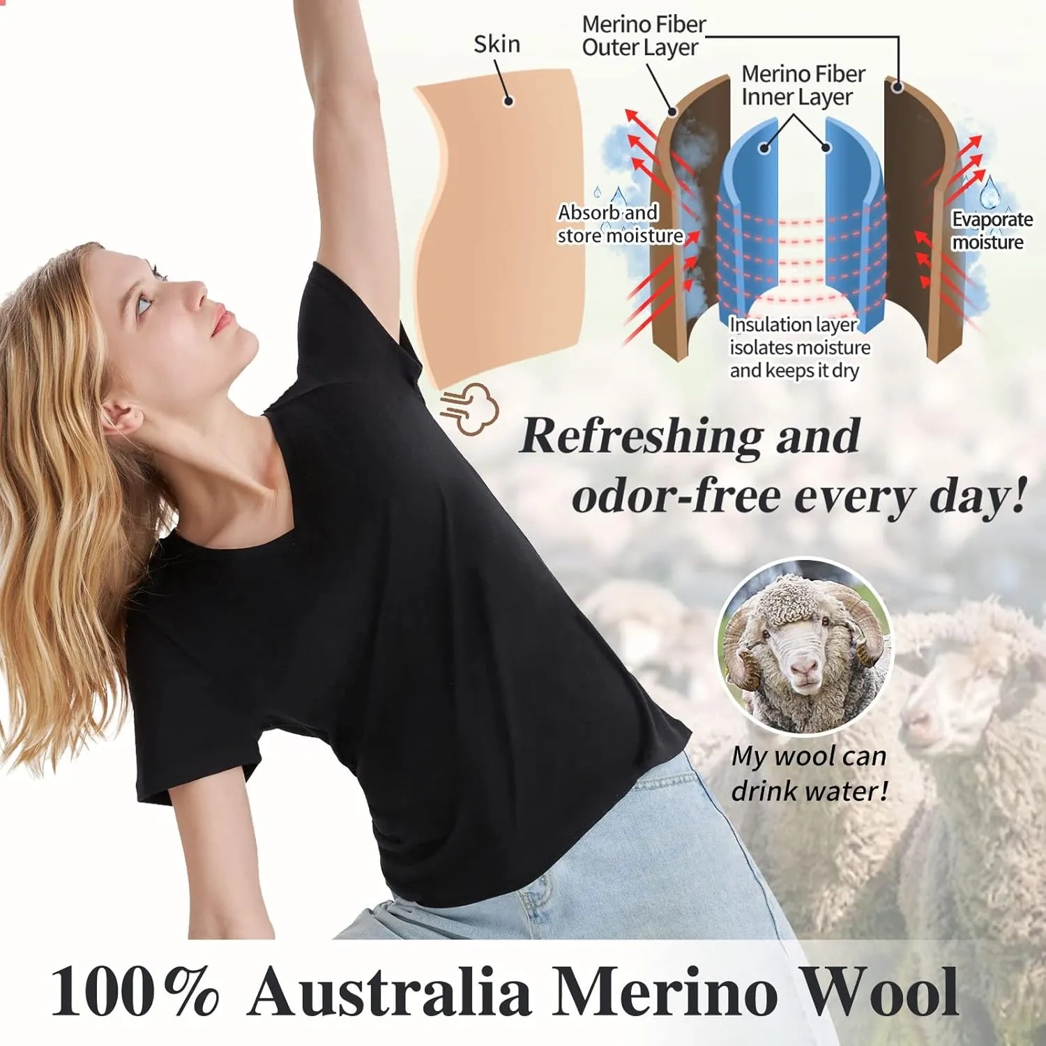 Merino Protect 100% Merino Wool V Neck T-Shirt for Women Short Sleeve Base Layers Odor Resistance Tops for Outdoor Hiking