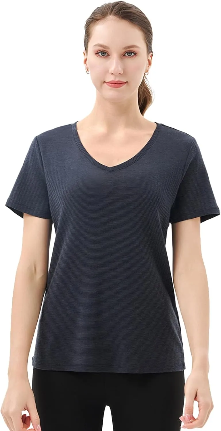 Merino Protect 100% Merino Wool V Neck T-Shirt for Women Short Sleeve Base Layers Odor Resistance Tops for Outdoor Hiking