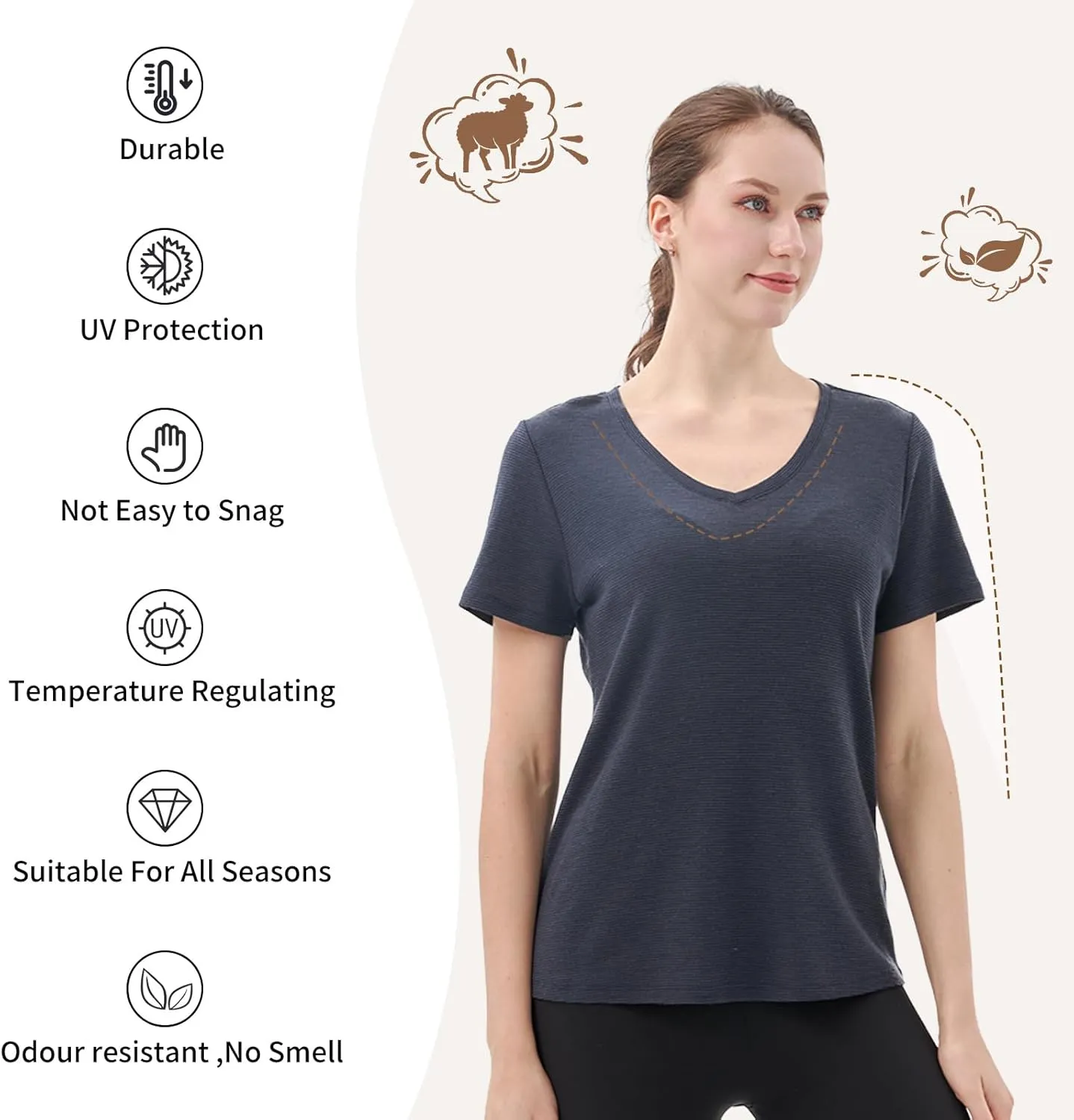 Merino Protect 100% Merino Wool V Neck T-Shirt for Women Short Sleeve Base Layers Odor Resistance Tops for Outdoor Hiking