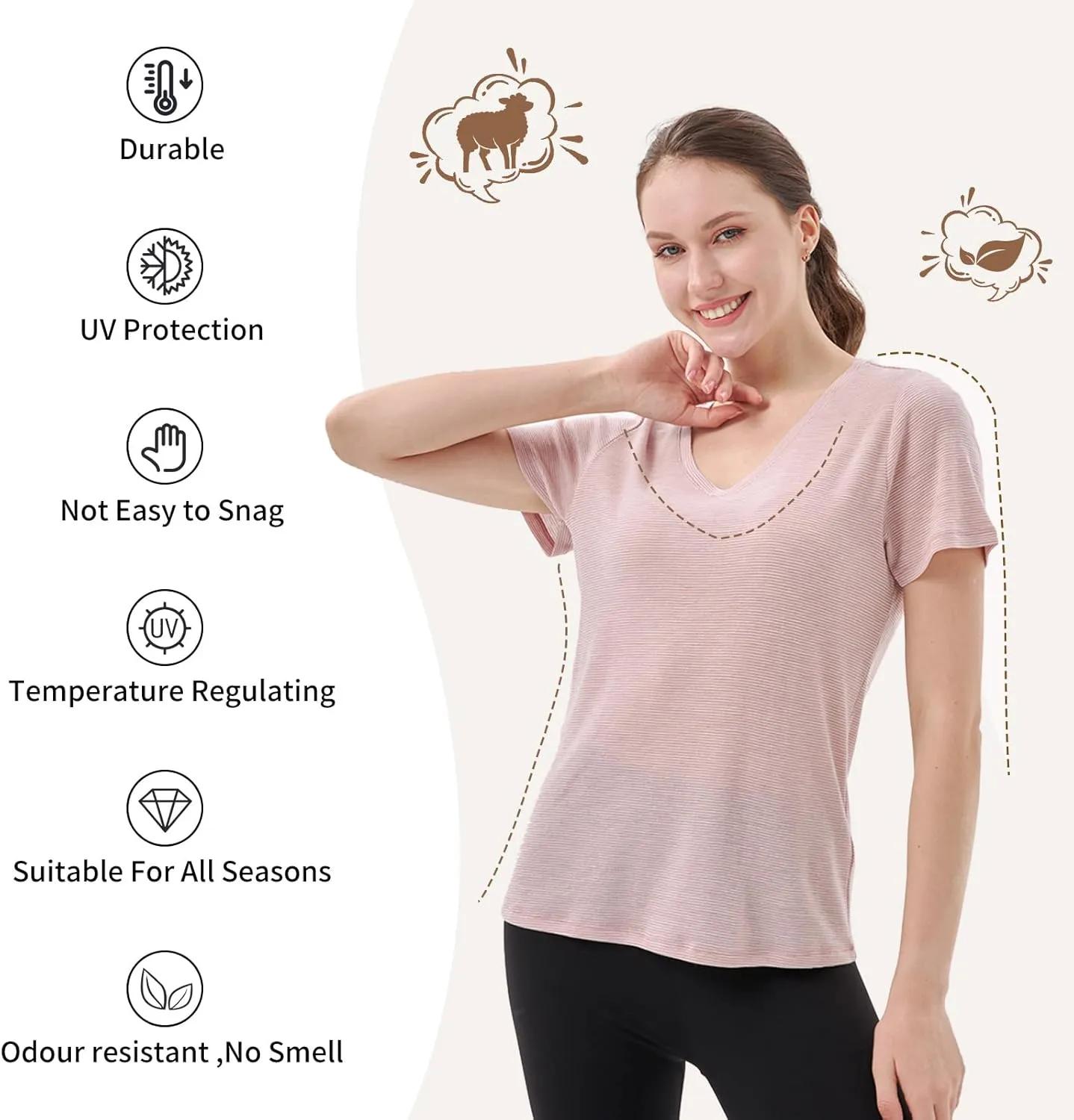 Merino Protect 100% Merino Wool V Neck T-Shirt for Women Short Sleeve Base Layers Odor Resistance Tops for Outdoor Hiking