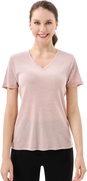 Merino Protect 100% Merino Wool V Neck T-Shirt for Women Short Sleeve Base Layers Odor Resistance Tops for Outdoor Hiking