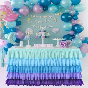 Mermaid Tablecloth Ruffle Tutu Table Skirt for Mermaid Birthday Party Decorations Girl Rectangle Table 6ft