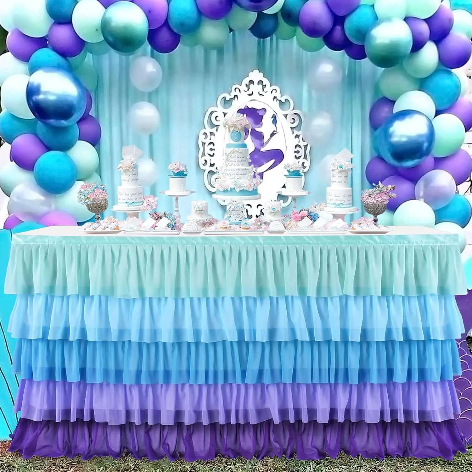 Mermaid Tablecloth Ruffle Tutu Table Skirt for Mermaid Birthday Party Decorations Girl Rectangle Table 6ft