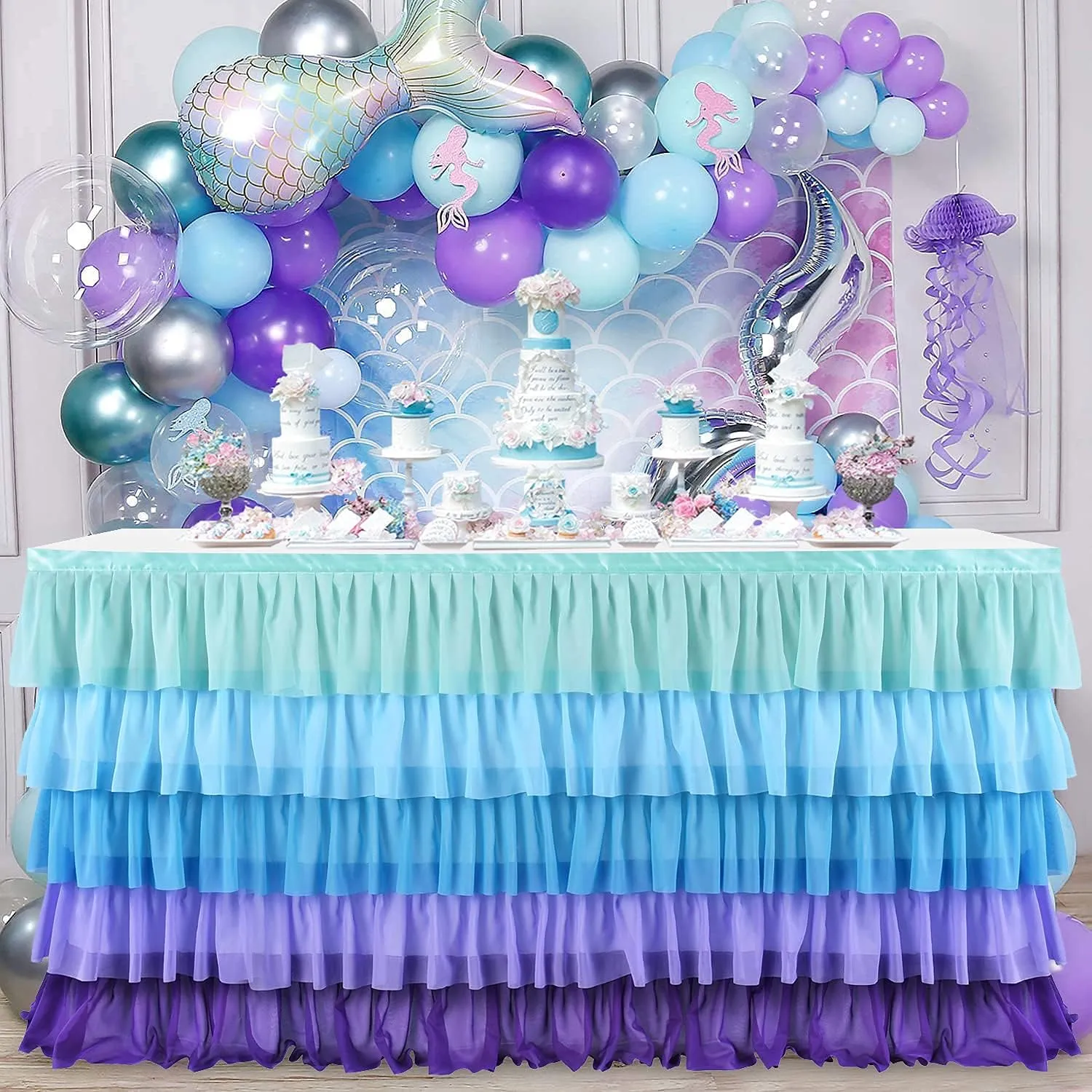 Mermaid Tablecloth Ruffle Tutu Table Skirt for Mermaid Birthday Party Decorations Girl Rectangle Table 6ft