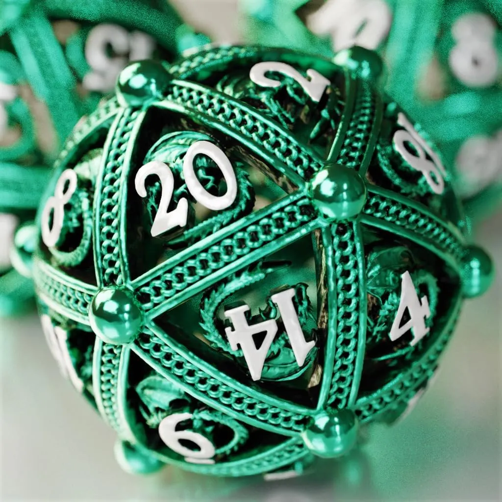 Metal DND Dice Set - Unique Round Hollow Orb Design for Better Rolling - Beautiful Dragon Set for Role Playing Games (RPG) - Stunning D&D Dungeons and Dragons Dice (Green)