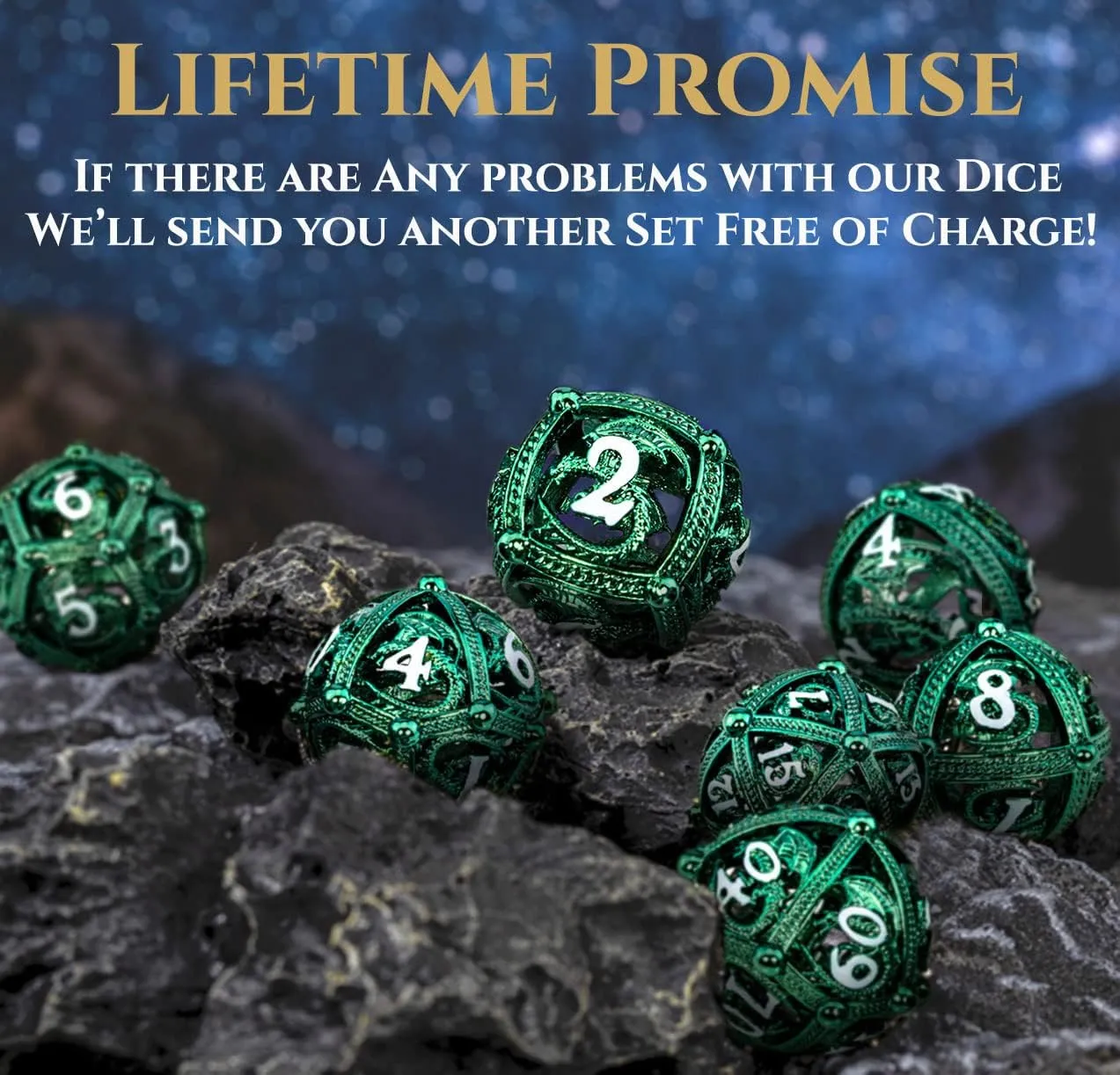 Metal DND Dice Set - Unique Round Hollow Orb Design for Better Rolling - Beautiful Dragon Set for Role Playing Games (RPG) - Stunning D&D Dungeons and Dragons Dice (Green)
