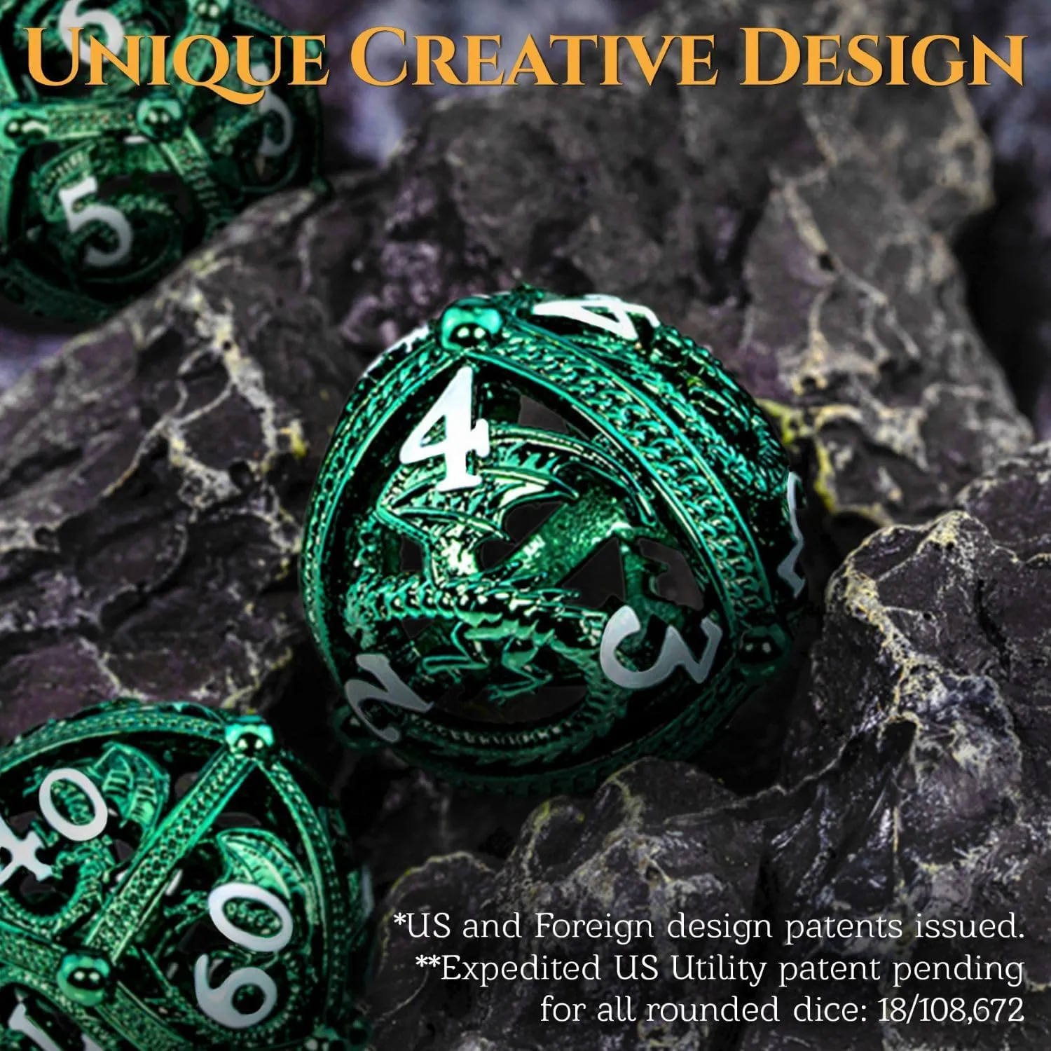 Metal DND Dice Set - Unique Round Hollow Orb Design for Better Rolling - Beautiful Dragon Set for Role Playing Games (RPG) - Stunning D&D Dungeons and Dragons Dice (Green)