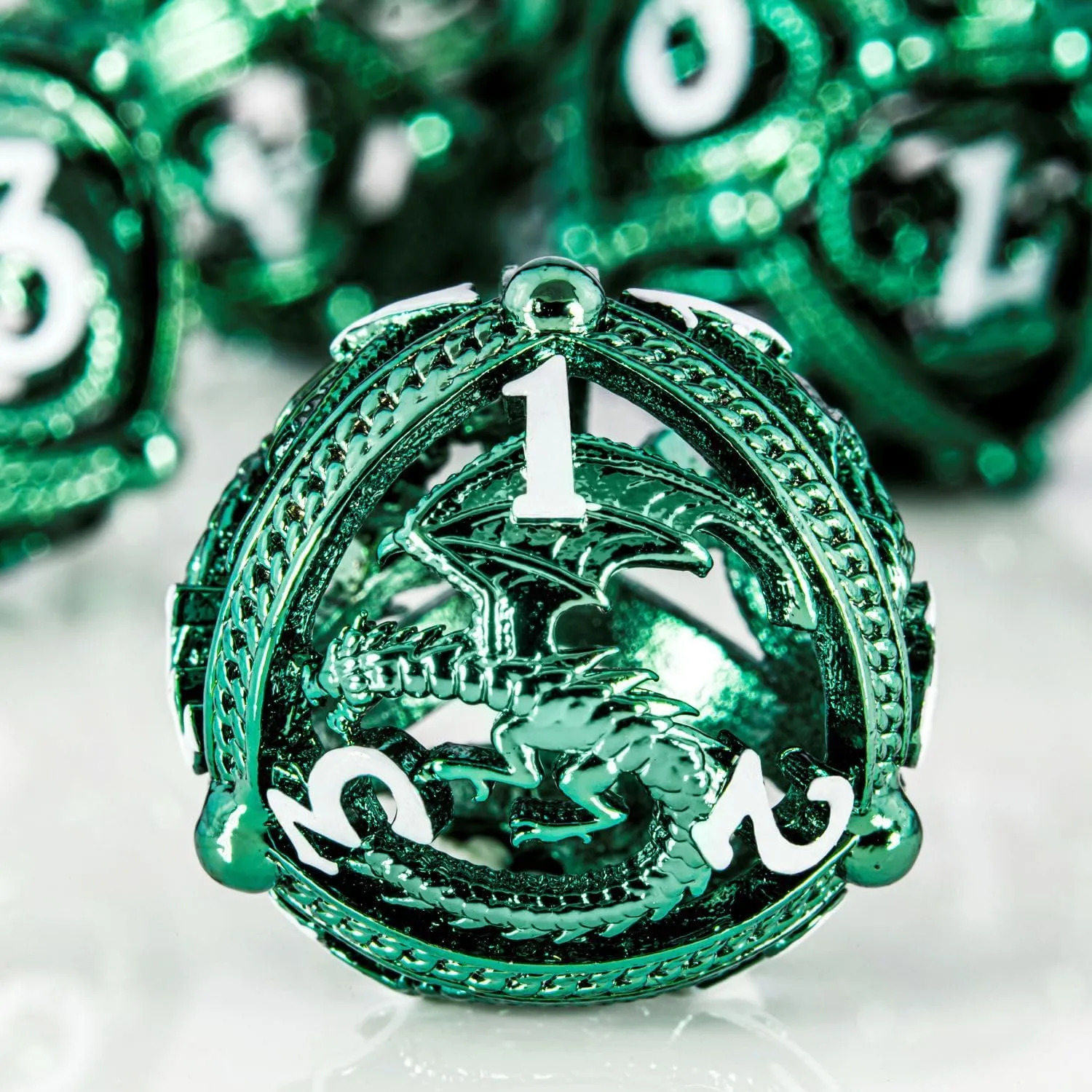 Metal DND Dice Set - Unique Round Hollow Orb Design for Better Rolling - Beautiful Dragon Set for Role Playing Games (RPG) - Stunning D&D Dungeons and Dragons Dice (Green)