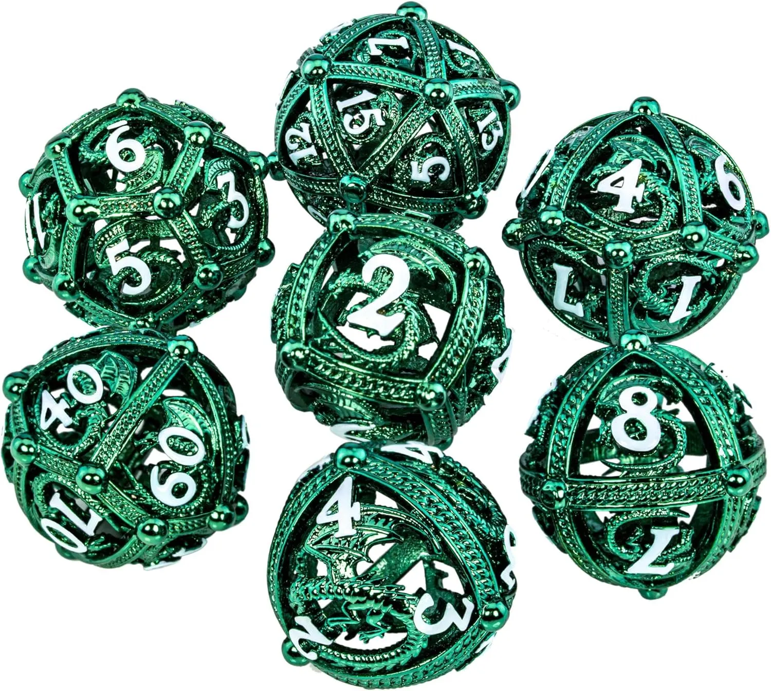 Metal DND Dice Set - Unique Round Hollow Orb Design for Better Rolling - Beautiful Dragon Set for Role Playing Games (RPG) - Stunning D&D Dungeons and Dragons Dice (Green)