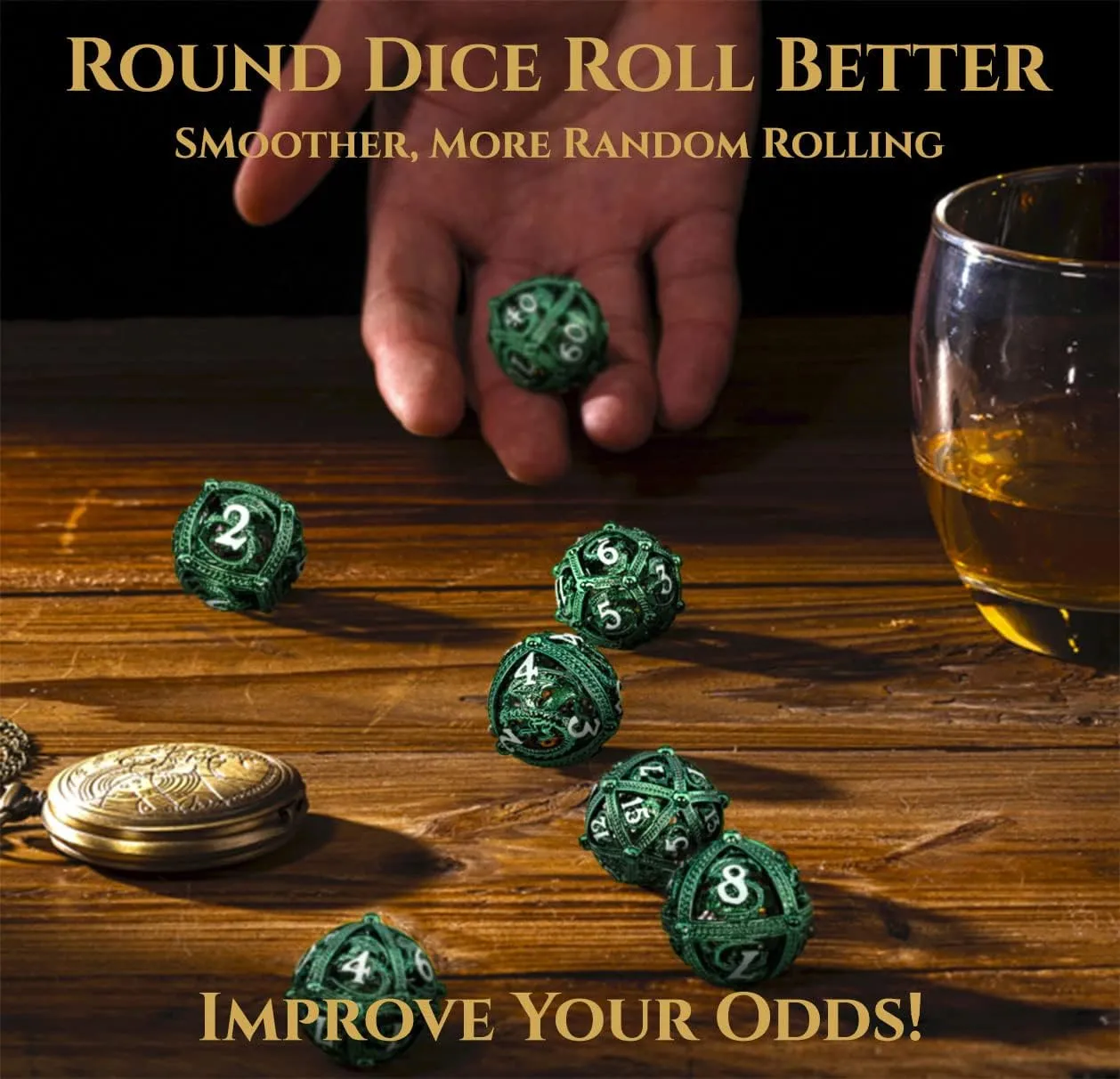 Metal DND Dice Set - Unique Round Hollow Orb Design for Better Rolling - Beautiful Dragon Set for Role Playing Games (RPG) - Stunning D&D Dungeons and Dragons Dice (Green)