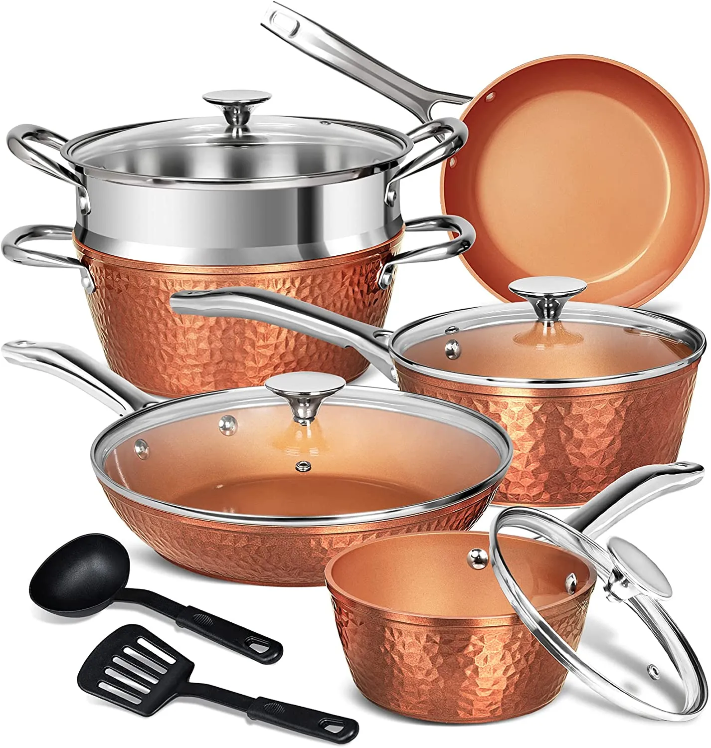 MICHELANGELO Copper Pots and Pans Set, Nonstick Copper Cookware 12 Piece, Hammered Pots and Pans Set, Kitchen Cookware Sets with Fry Pans, Stock Pans, Lids, Cooking Utensils - Induction Compatible