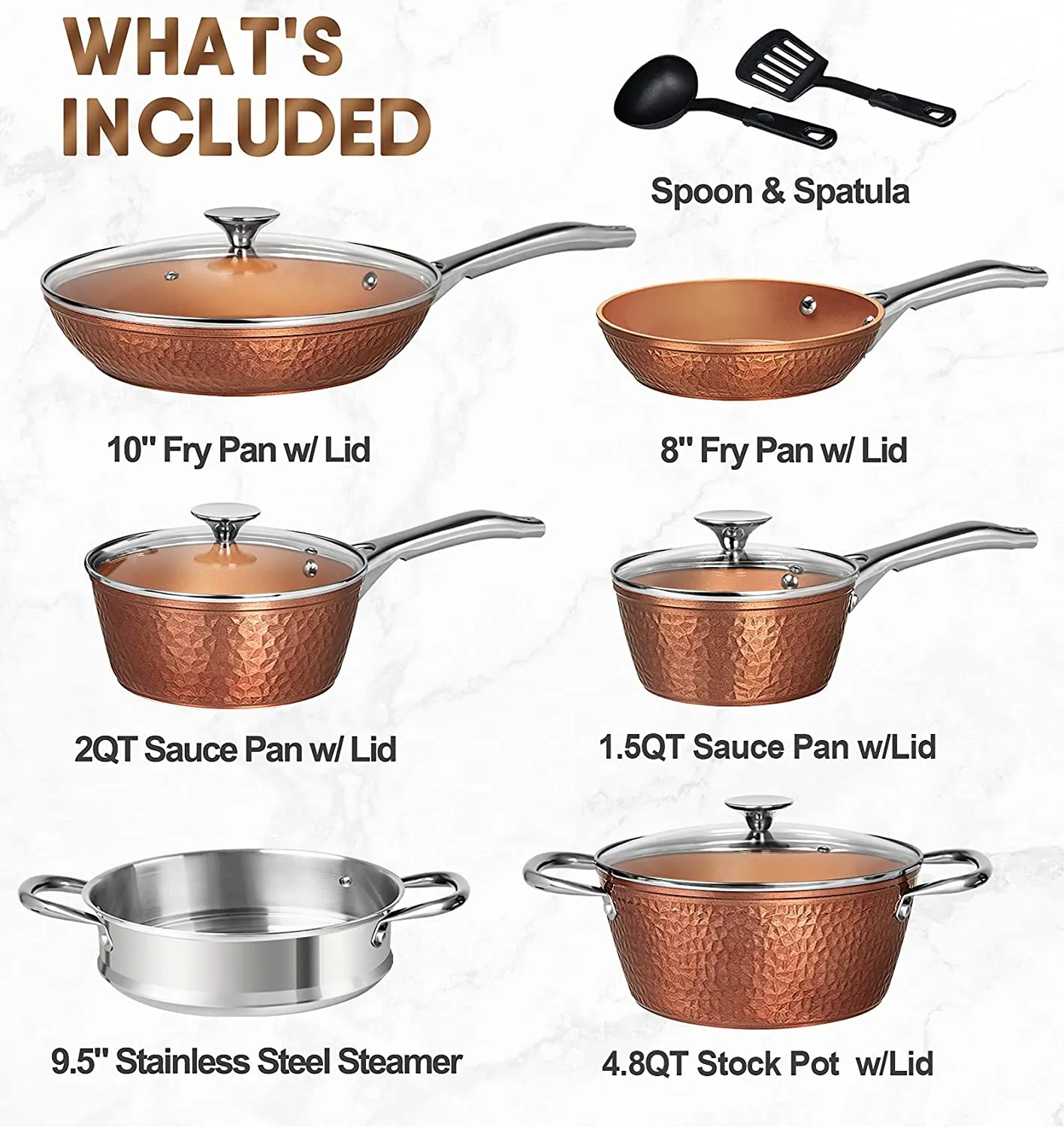 MICHELANGELO Copper Pots and Pans Set, Nonstick Copper Cookware 12 Piece, Hammered Pots and Pans Set, Kitchen Cookware Sets with Fry Pans, Stock Pans, Lids, Cooking Utensils - Induction Compatible