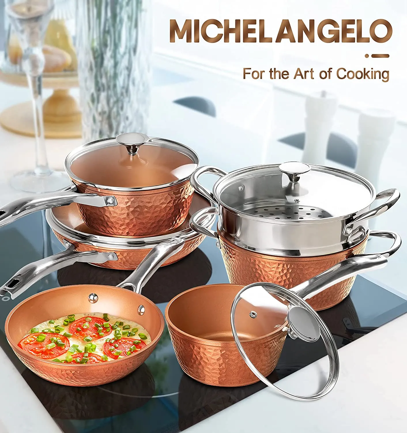 MICHELANGELO Copper Pots and Pans Set, Nonstick Copper Cookware 12 Piece, Hammered Pots and Pans Set, Kitchen Cookware Sets with Fry Pans, Stock Pans, Lids, Cooking Utensils - Induction Compatible