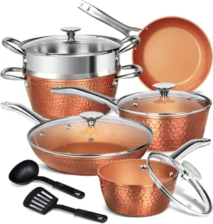 MICHELANGELO Copper Pots and Pans Set, Nonstick Copper Cookware 12 Piece, Hammered Pots and Pans Set, Kitchen Cookware Sets with Fry Pans, Stock Pans, Lids, Cooking Utensils - Induction Compatible